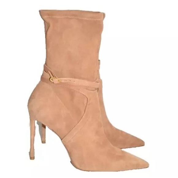 Stuart Weitzman Shoes - STUART WEITZMAN 100 Belted Stiletto Heel Suede Booties Camel 8